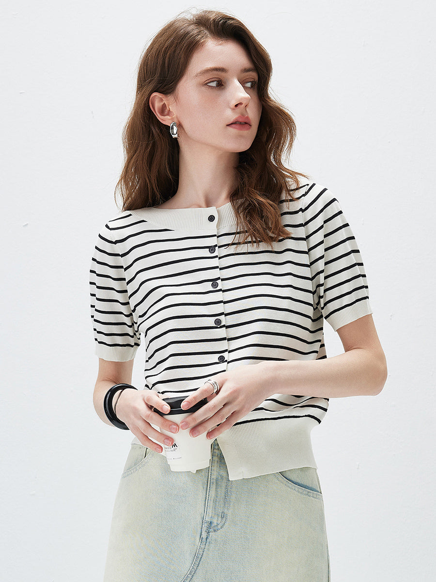 COMOBOCA Black Women's Striped Short Sleeve Knit Cardigan