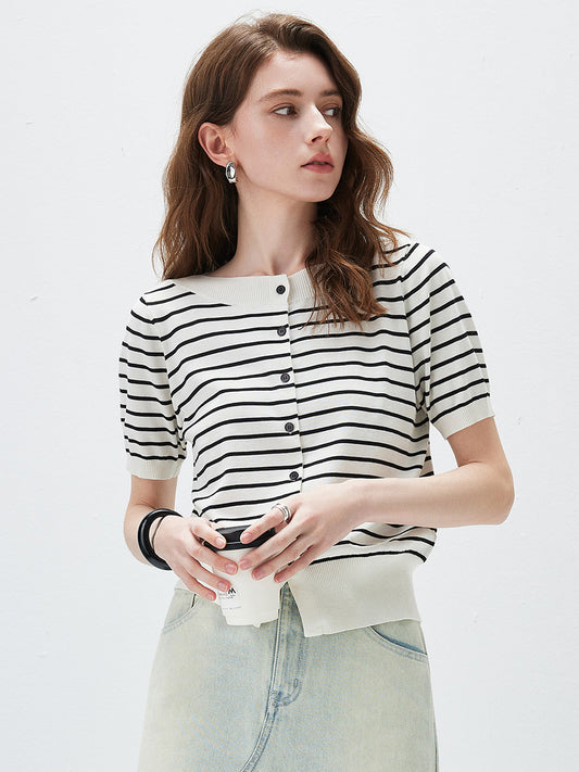 COMOBOCA Black Women's Striped Short Sleeve Knit Cardigan