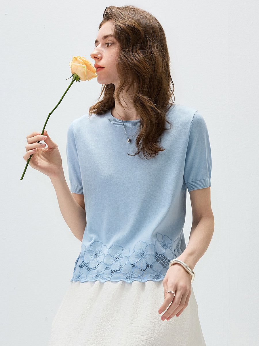 COMOBOCA Light Blue Women's Floral Lace Trim Knit T-Shirt