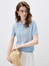 Women's Silk-Cotton Blend Peter Pan Collar Pointelle Knit Short Sleeve Top