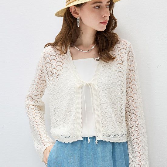 COMOBOCA Women's Linen Lace Knit Tie Front Cardigan