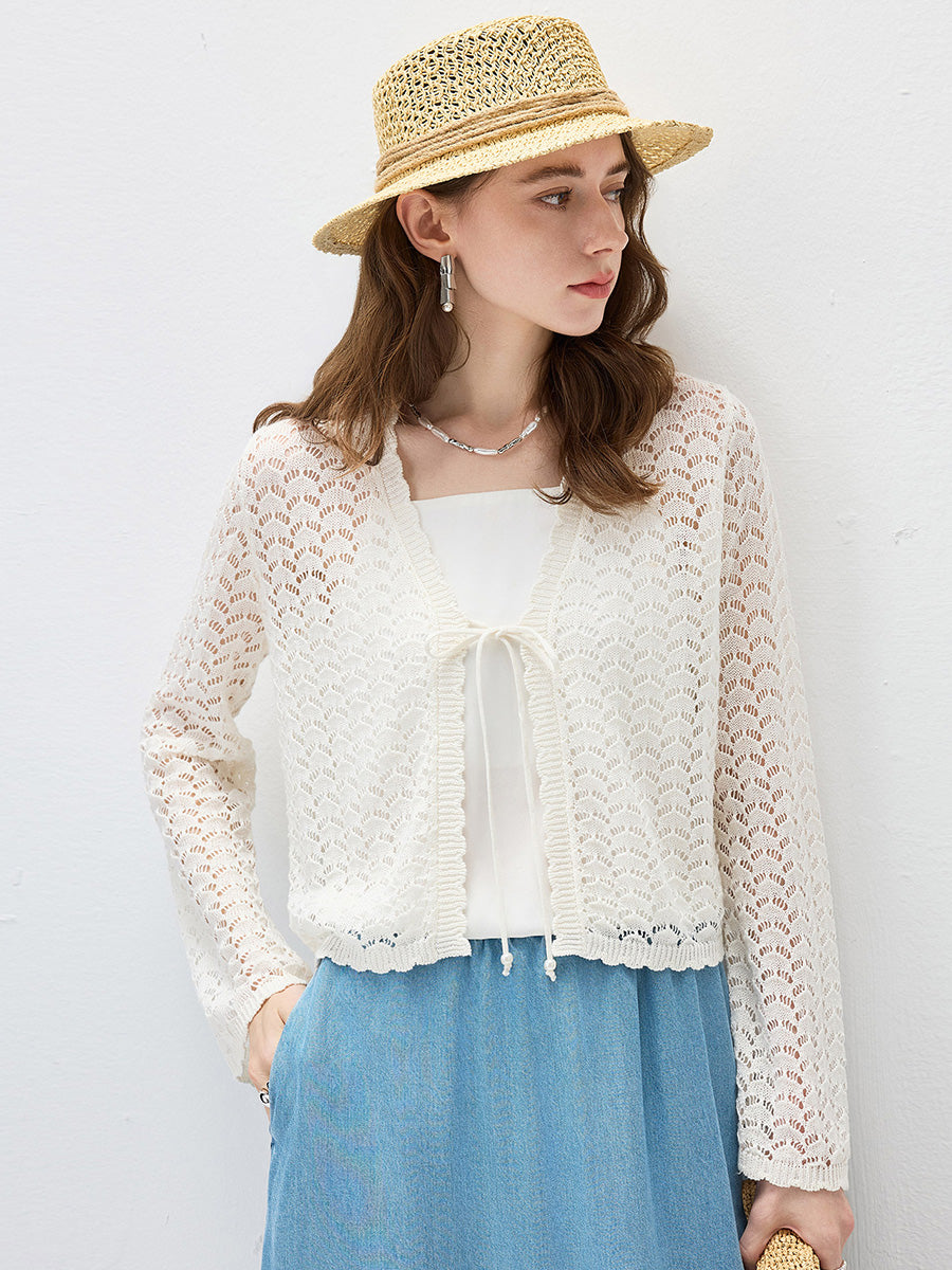 COMOBOCA Women's Linen Lace Knit Tie Front Cardigan