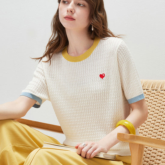 COMOBOCA Women's Wavy Textured Ribbed Knit T-Shirt
