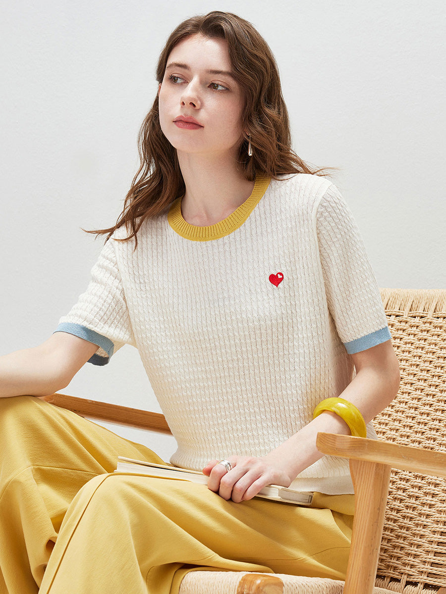 COMOBOCA Women's Wavy Textured Ribbed Knit T-Shirt