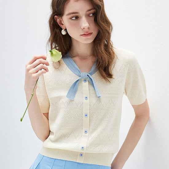 COMOBOCA Cream Women's Bow Knit Short Sleeve Faux Cardigan