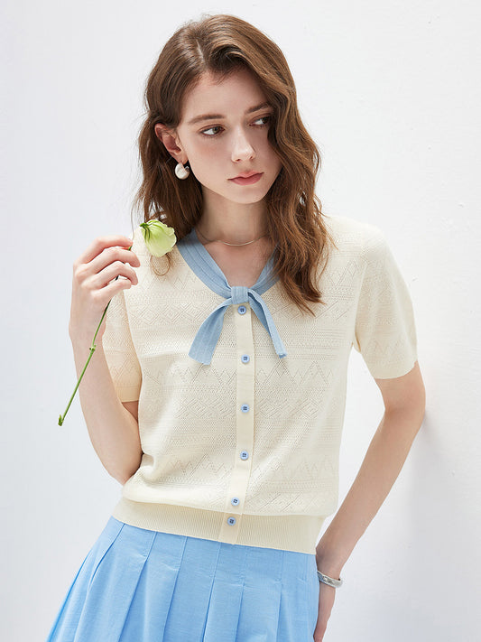 COMOBOCA Cream Women's Bow Knit Short Sleeve Faux Cardigan