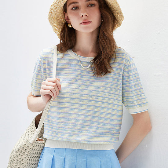 COMOBOCA Striped Women's Pastel Marled Stripe Openwork Knit T-Shirt