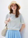 COMOBOCA Striped Women's Pastel Marled Stripe Openwork Knit T-Shirt