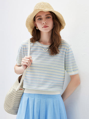 COMOBOCA Striped Women's Pastel Marled Stripe Openwork Knit T-Shirt