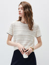Women’s Silk-Cotton Round Neck Knit T-Shirt with Contrast-Trim Edging
