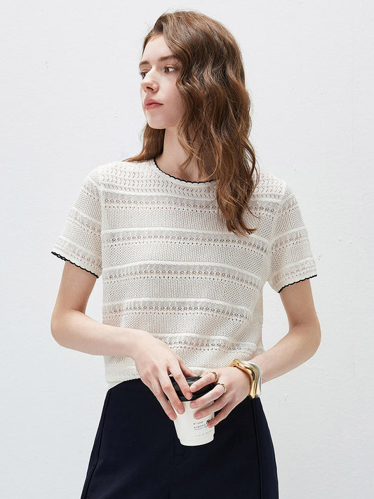 Women’s Silk-Cotton Round Neck Knit T-Shirt with Contrast-Trim Edging