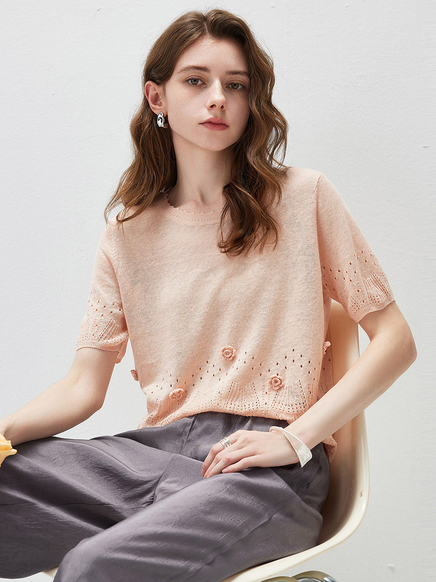 COMOBOCA Women's Sheer Openwork Knit T-Shirt