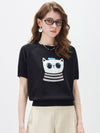 COMOBOCA Black Women's Cartoon Animal Intarsia Knit T-Shirt