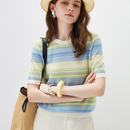 COMOBOCA Striped Women's Gradient Stripe Openwork Knit T-Shirt