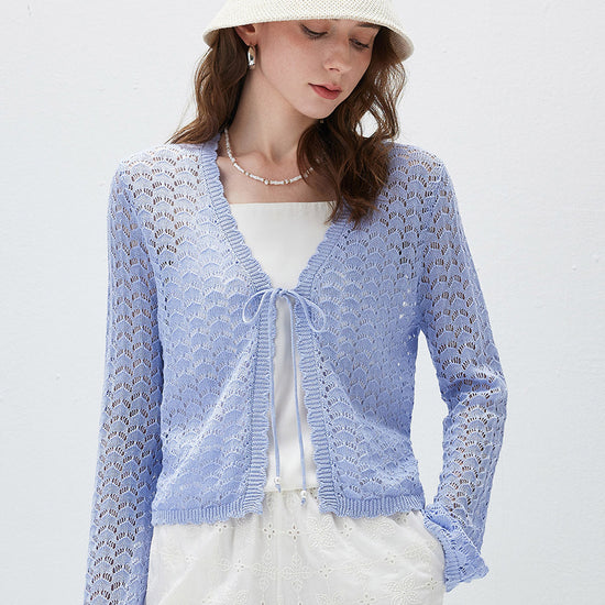 COMOBOCA Women's Linen Lace Knit Tie Front Cardigan