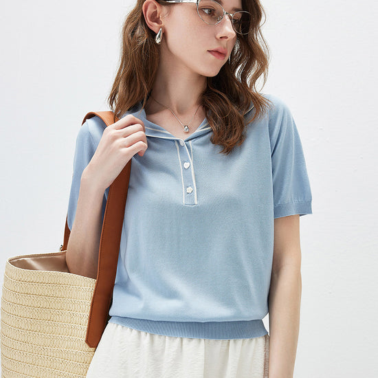 COMOBOCA Light Blue Women's Sailor Collar Contrast Trim Knit Polo T-Shirt