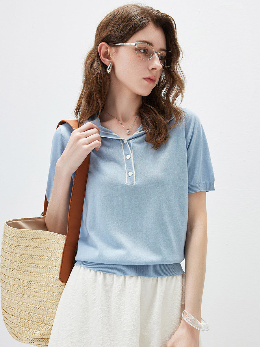 COMOBOCA Light Blue Women's Sailor Collar Contrast Trim Knit Polo T-Shirt