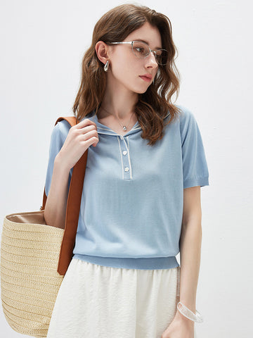 COMOBOCA Light Blue Women's Sailor Collar Contrast Trim Knit Polo T-Shirt