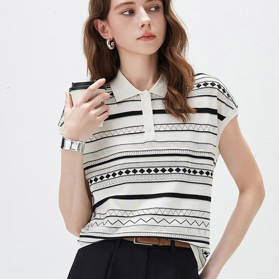 COMOBOCA Women's Geometric Stripe Polo Knit T-Shirt