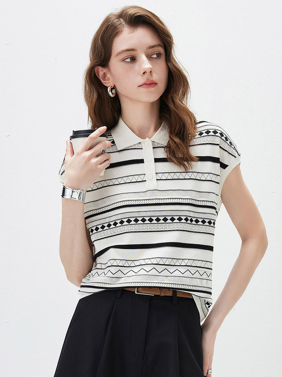 COMOBOCA Women's Geometric Stripe Polo Knit T-Shirt