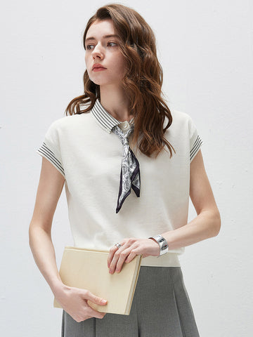 Women’s Mulberry Silk Contrast Collar Striped Knit T-Shirt