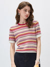 Women’s Crew Neck Silk-Cotton Jacquard Striped Short-Sleeve Knit T-shirt