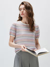 Women’s Silk-Cotton Contrast Stripe Knit Crew Neck Short Sleeve T-Shirt