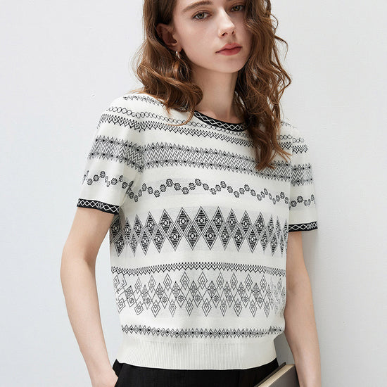 COMOBOCA Women's Fair Isle Geometric Stripe Knit T-Shirt