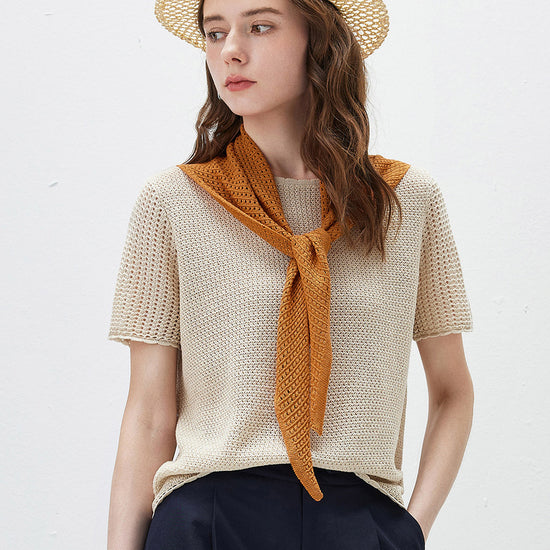 COMOBOCA Beige Women's Openwork Round Neck Knit T-Shirt