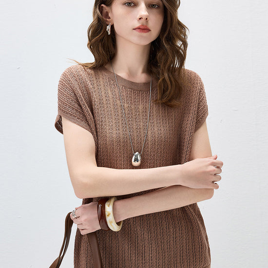 COMOBOCA Women's Openwork Side Slit Knit Top