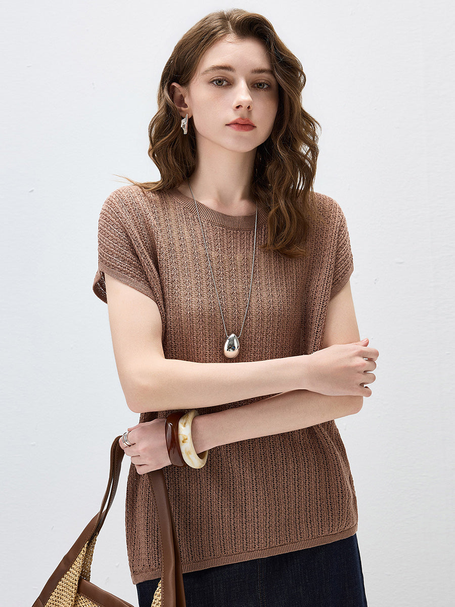 COMOBOCA Women's Openwork Side Slit Knit Top