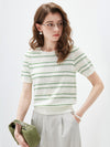 Women's Silk-Cotton Jacquard Stripe Knit Crew Neck Short Sleeve T-Shirt