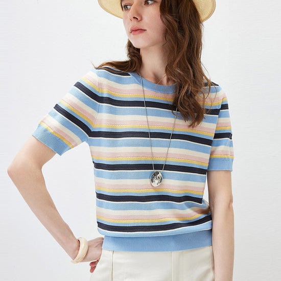 COMOBOCA Women's Multi-Color Stripe Knit T-Shirt