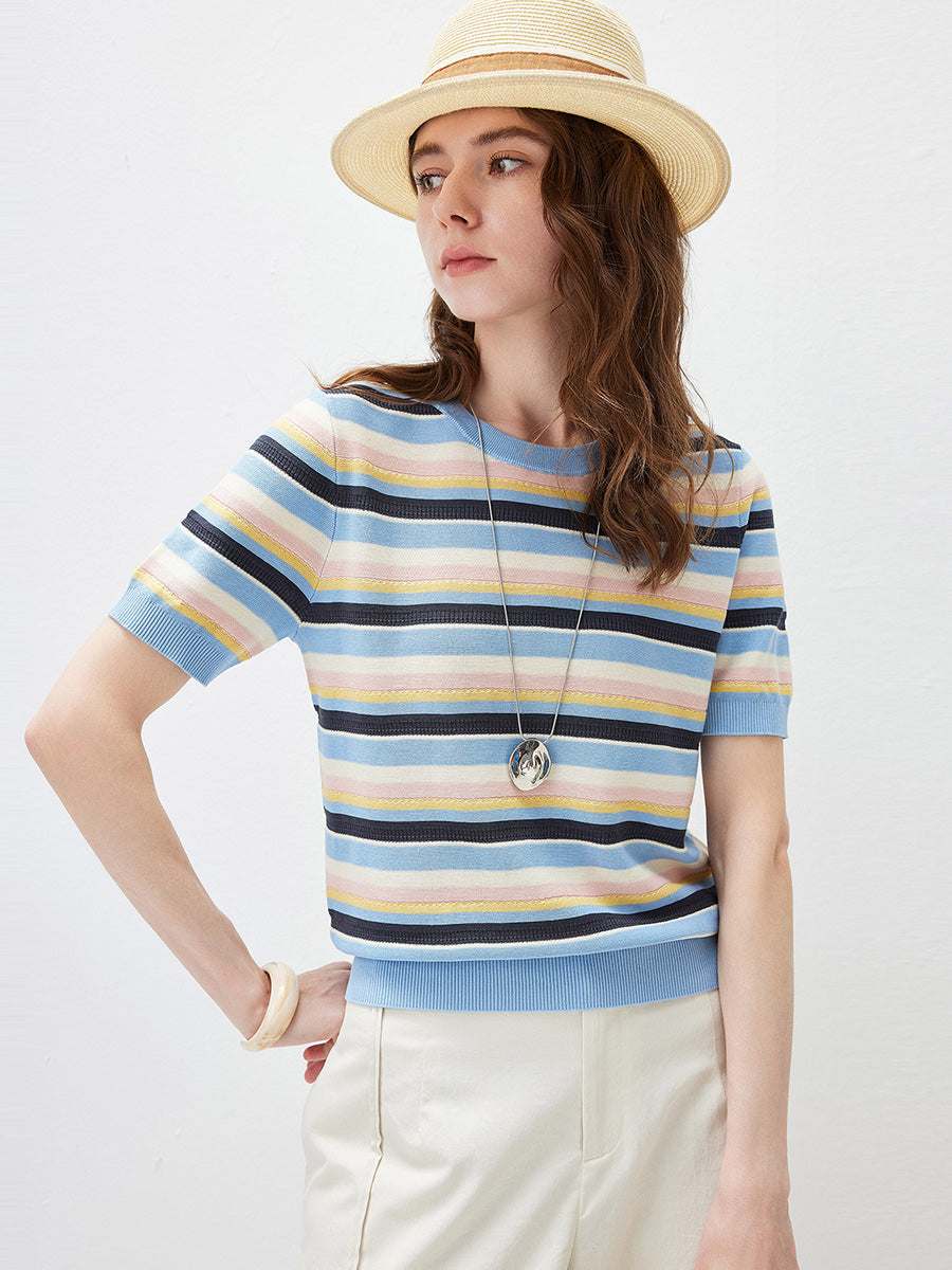 COMOBOCA Women's Multi-Color Stripe Knit T-Shirt
