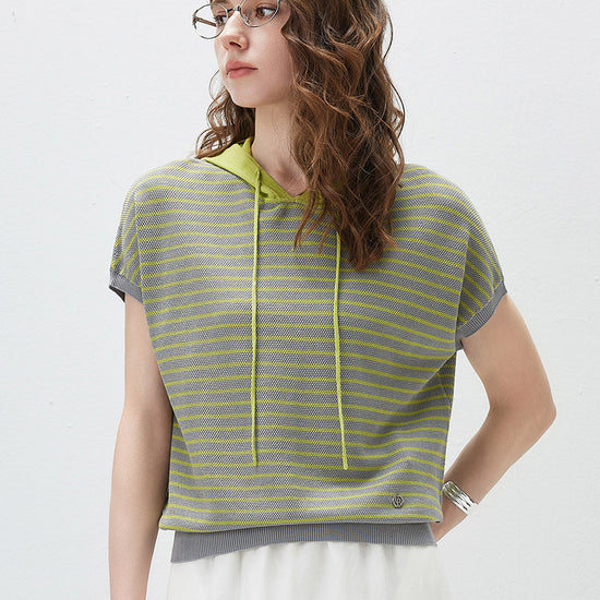 COMOBOCA Green Women's Striped Contrast Hooded Knit T-Shirt