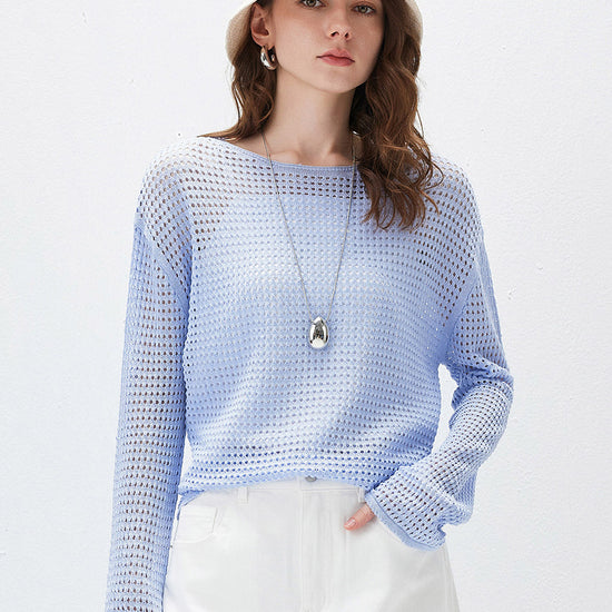 COMOBOCA Light Blue Women's Sheer Mesh Knit Overpull Top