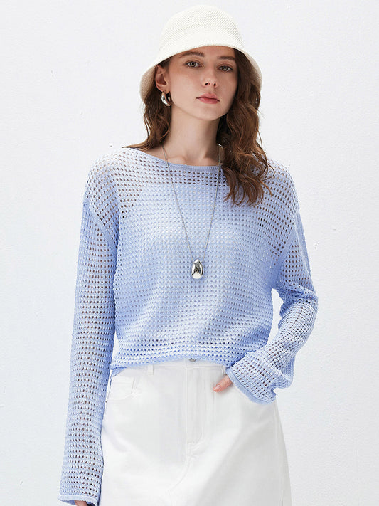 COMOBOCA Light Blue Women's Sheer Mesh Knit Overpull Top