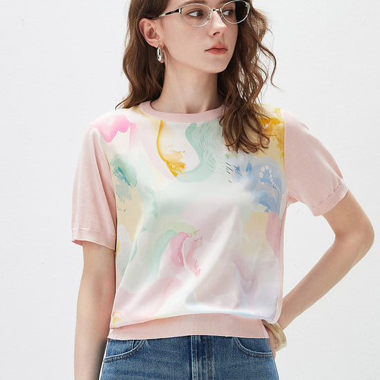 COMOBOCA Floral Women's Floral Print Panel Knit T-Shirt