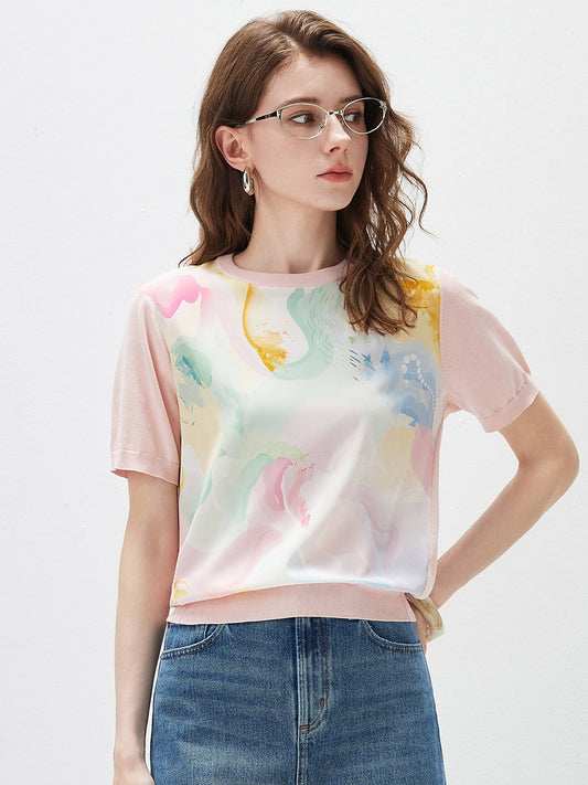 COMOBOCA Floral Women's Floral Print Panel Knit T-Shirt