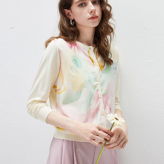 COMOBOCA Women's Floral Print Panel Knit Cardigan