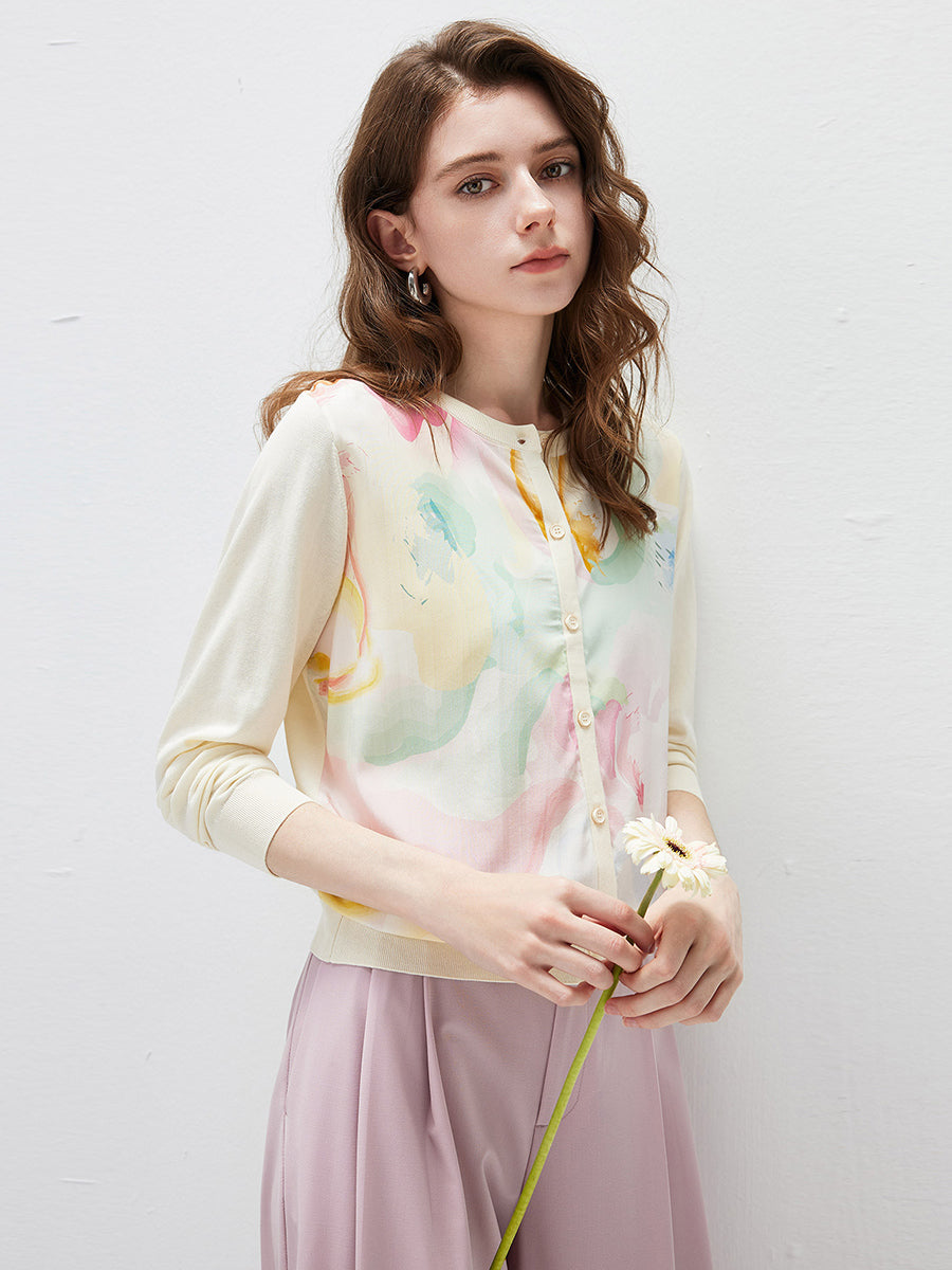 COMOBOCA Women's Floral Print Panel Knit Cardigan