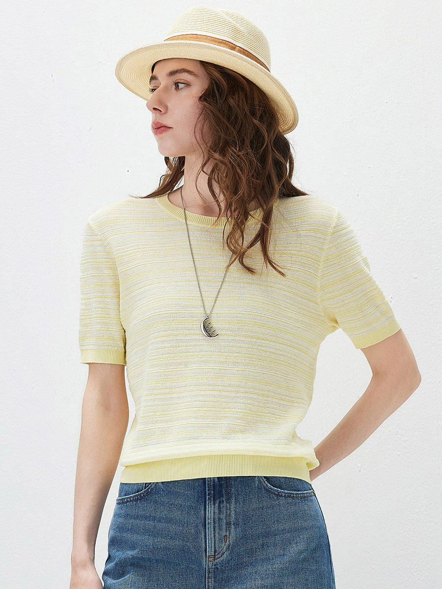 COMOBOCA Striped Women's Ribbed Fine Stripe Knit T-Shirt