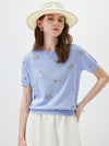 COMOBOCA Light Blue Women's Floral Embroidery Knit T-Shirt