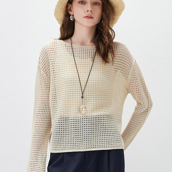COMOBOCA Beige Women's Sheer Mesh Knit Overpull Top