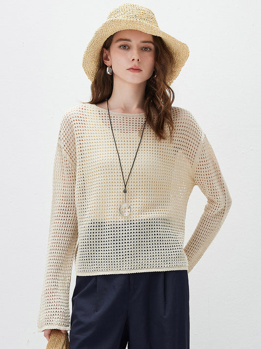 COMOBOCA Beige Women's Sheer Mesh Knit Overpull Top