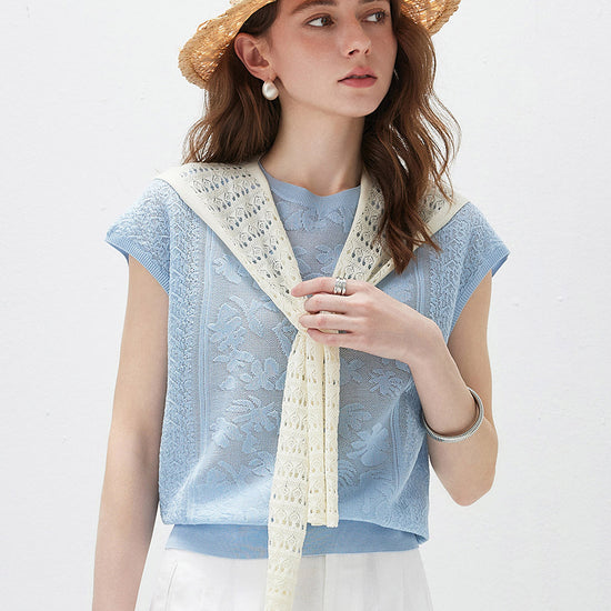 COMOBOCA Women's Semi Sheer Cap Sleeves Knit T-Shirt