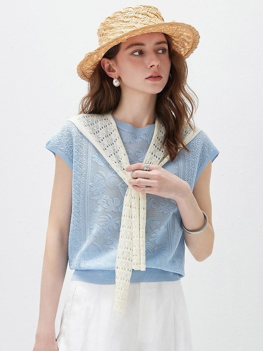 COMOBOCA Women's Semi Sheer Cap Sleeves Knit T-Shirt