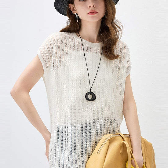 COMOBOCA Women's Openwork Side Slit Knit Top