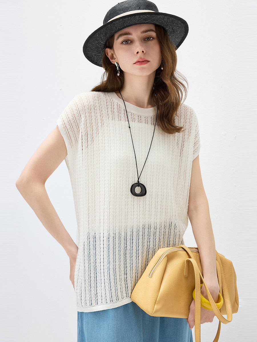 COMOBOCA Women's Openwork Side Slit Knit Top