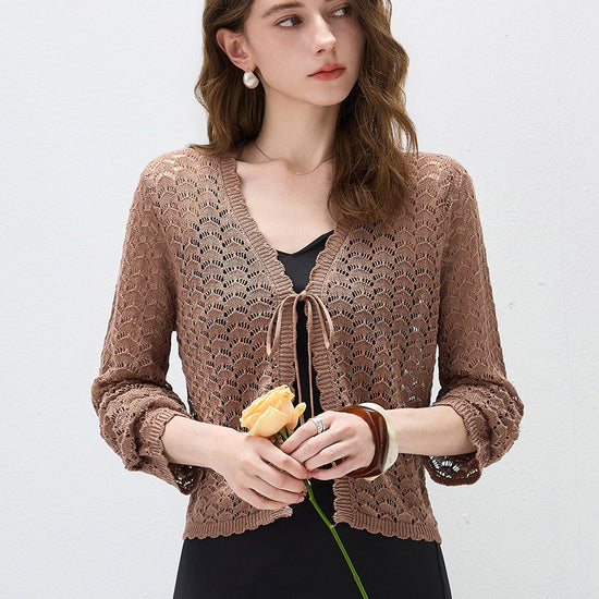 COMOBOCA Autumn Leaves Women's Linen Lace Knit Tie Front Cardigan